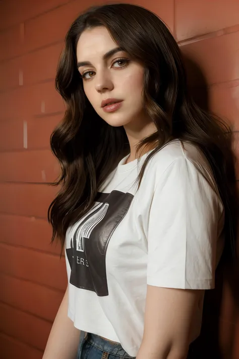 a woman leaning against a wall wearing a white shirt and jeans