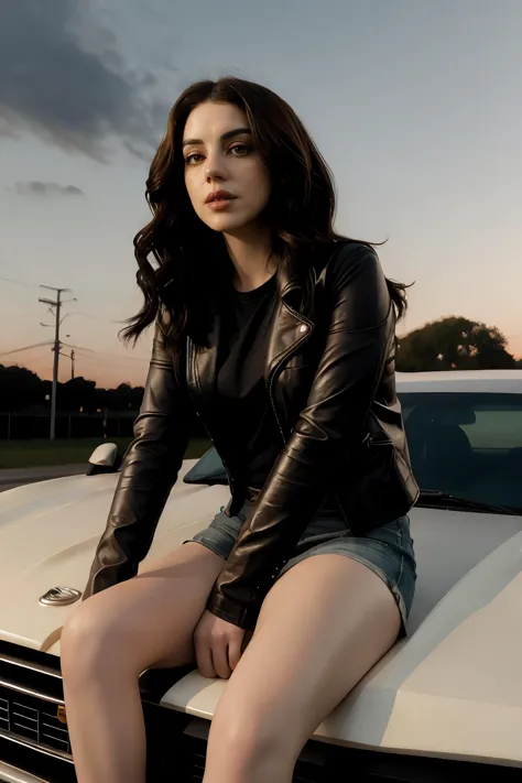 adelaide_kane wearing brown leather jacket, black t-shirt, long wavy hair, eyeliner, lipstick, 
upper body portrait, sitting on car hood, soft lighting, 
 <lora:AdelaideKane_Ultra:0.8>