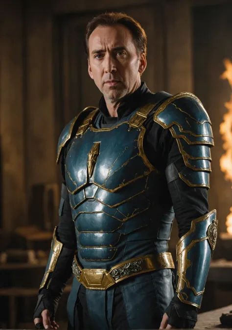 Photo of a Nickcage Person,cinematic film still,super saiyan, full plate armor, ony fe 12-24mm f/2.8 gm, close up, 32k uhd, light navy and light amber, amazing quality, wallpaper, analog film grain <lora:Nick Cage - SDXL - Trigger w Nickcage Person:0.85>