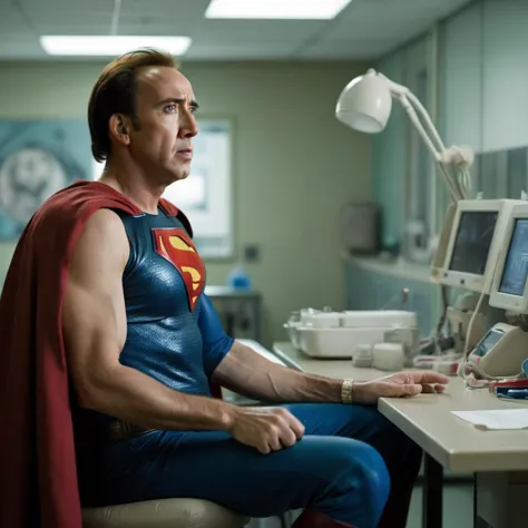 nickcage personbattles supervillains at a dialysis clinic as Superman. The scene is captured as a photorealistic still frame, capturing the heroism and intensity of the moment against a kuiper belt object backdrop. <lora:Nick Cage - SDXL - Trigger w Nickcage Person:1>