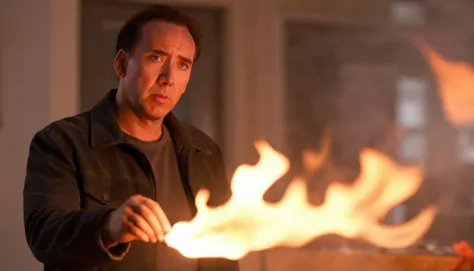 Still of nickcage personin a film about a man who can control fire. nickcage personis seen lighting a match with his mind. <lora...