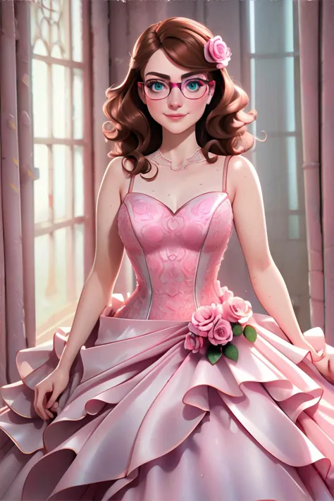 <lora:rosegown-freckledvixon:0.7>, r0s3dr3ss, pink wedding dress, frills, pink roses, fluffy dress, <lora:bzl:0.8>, bzl_test, short wavy brown hair, (grey|blue) eyes, glasses, (freckles:0.4), closed smile || skin, hair, clothing, masterpiece, 8k, high resolution, shallow depth of field, sharp focus