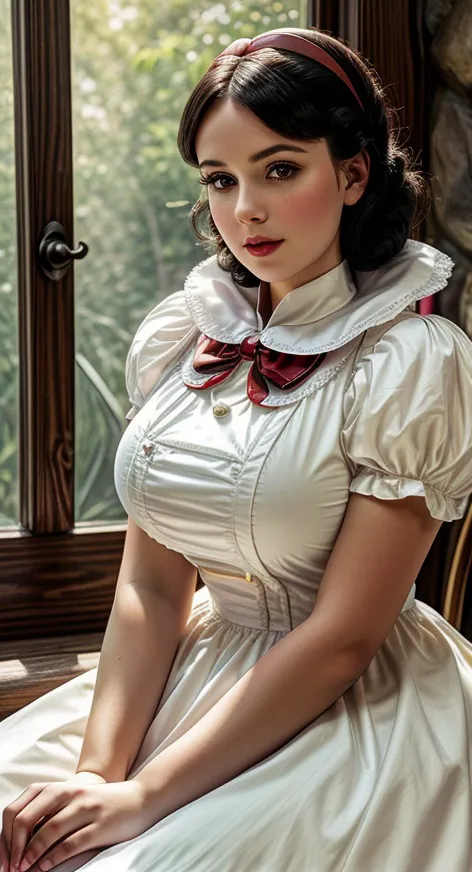 <lora:DisneySnowWhite:0.9> DisneySnowWhite, bow, makeup, puffy short sleeves, hairband, (detailed eyes:0.8), (detailed lips:0.8), blush, textured skin, hourglass figure, (photorealistic:1.2), (warm colors, low contrast, 8k, high quality, shot on Fujifilm X-T4, 85mm f1.2), <lora:epiCRealismHelper:0.99>, <lora:add_detail:0.8>, <lora:breastsizeslideroffset:0.4>, gigantic breasts, (colorful dress with high collar:1.2), cooking in a cottage