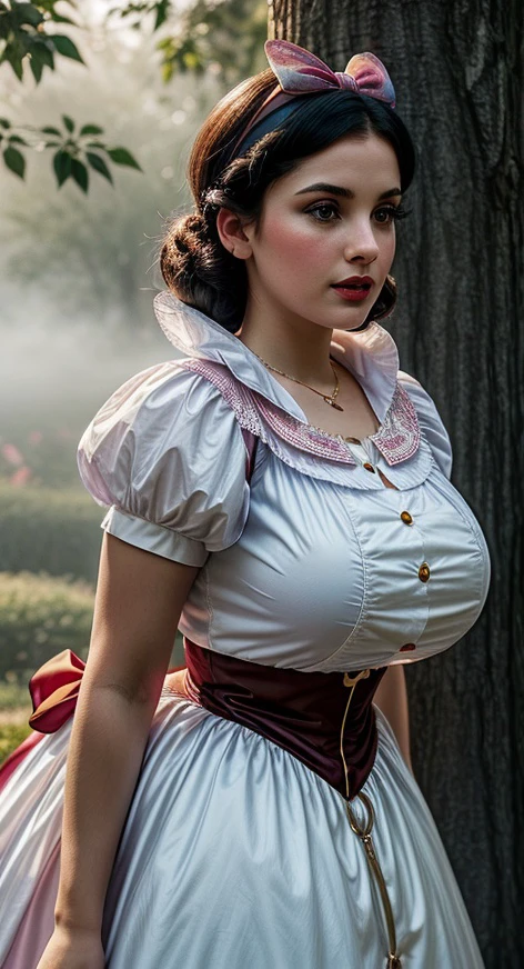 DisneySnowWhite, bow, makeup, puffy short sleeves, hairband, (detailed eyes:0.8), (detailed lips:0.8), blush, textured skin, hourglass figure, (photorealistic:1.2), (warm colors, low contrast, 8k, high quality, shot on Fujifilm X-T4, 85mm f1.2), gigantic breasts, (colorful dress with high collar:1.2), walking in a rose garden, evening, fog, mist