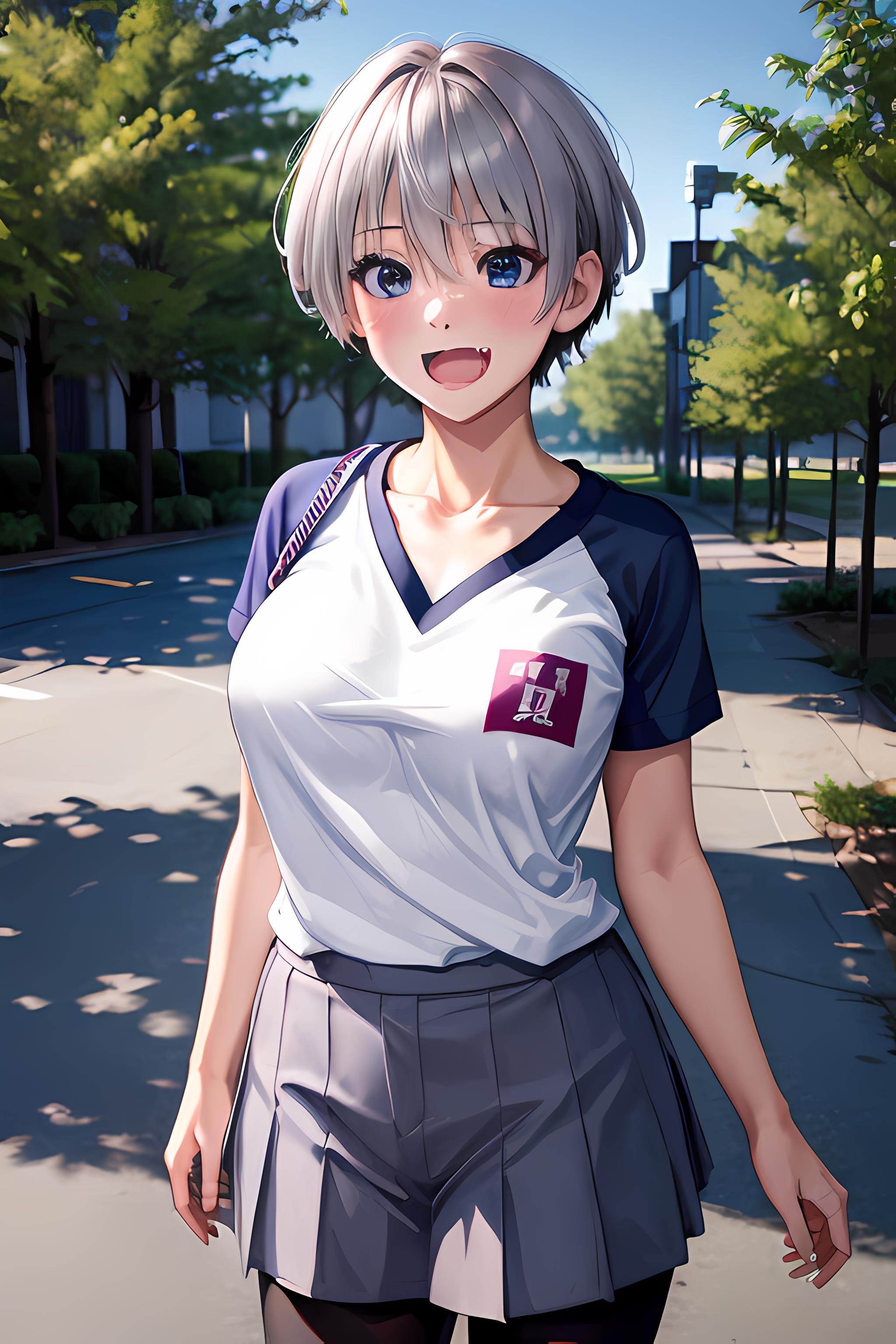 Anime girl with gray hair and blue eyes in a school uniform - SeaArt AI