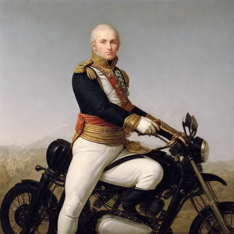 arafed portrait of a man in military clothing sitting on a motorcycle