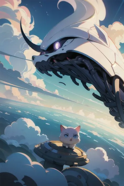 a cat is sitting on a boat in the sky with a large dragon