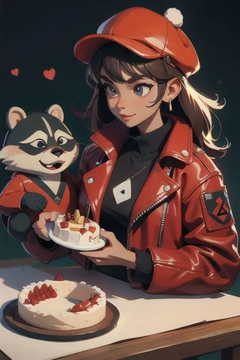 anime girl with a raccoon and a cake