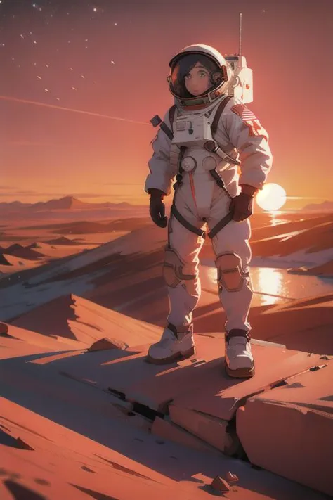 an astronaut standing on a rock in the desert at sunset