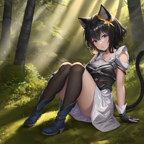 anime girl with cat ears sitting on the ground in the woods