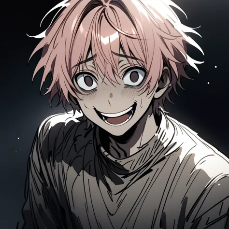 1boy, male focus, solo, rating_safe, smile, open mouth, pink hair, sweater