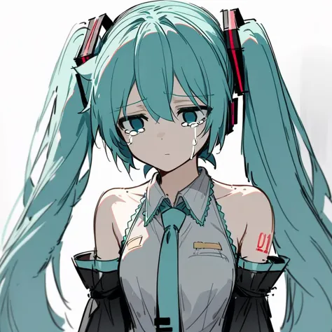 1girl, solo, rating_safe, hatsune miku, sad, detached sleeves, necktie, collared shirt,