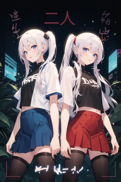 2girls, casual clothes, pleated skirt, t-shirt, twintails, long hair, cover page, video game cover, cover image, kanji, text, happy, standing, character name, dual persona, dark persona, white hair, black hair, red eyes, blue eyes, sky, nature, tighhighs