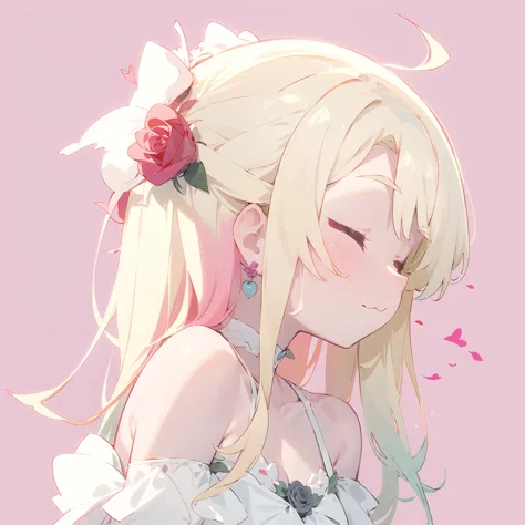 anime girl with long blonde hair and pink dress with flowers in her hair