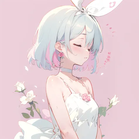 anime girl with blue hair and bunny ears holding a flower