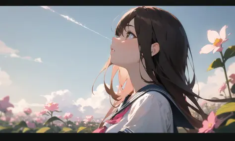 (masterpiece, best quality),1girl, solo, flower, long hair, outdoors, letterboxed, school uniform, day, sky, looking up, short sleeves, parted lips, shirt, cloud, black hair, sunlight, white shirt, serafuku, upper body, from side, pink flower, blurry, brown hair, blue sky, depth of field