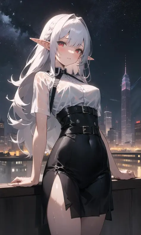 masterpiece, (((best quality))), ((ultra-detailed)), ((illustration)), 
night, 
1girl, elf, pointy_ears, red_eyes, silver_hair, long_hair, braid, breasts, 
looking_at_viewer, 
wet_shirt, wet_clothes, see-through, 
starry_sky, star_\(sky\), night_sky, building, city_lights, skyscraper, city, house,