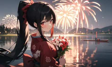 masterpiece,best quality,
1girl,black hair, long hair,ponytail, nape,red eyes, light smile, looking at viewer,holding bouquet, l...