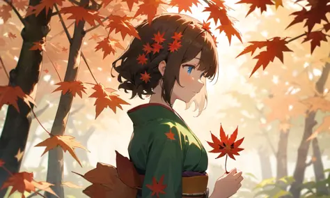 ((masterpiece,best quality)),1girl, bangs, blue eyes, blurry background, branch, brown hair, dappled sunlight, flower, from side...