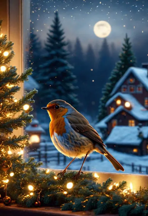 a close up of a bird sitting on a window sill near a christmas tree