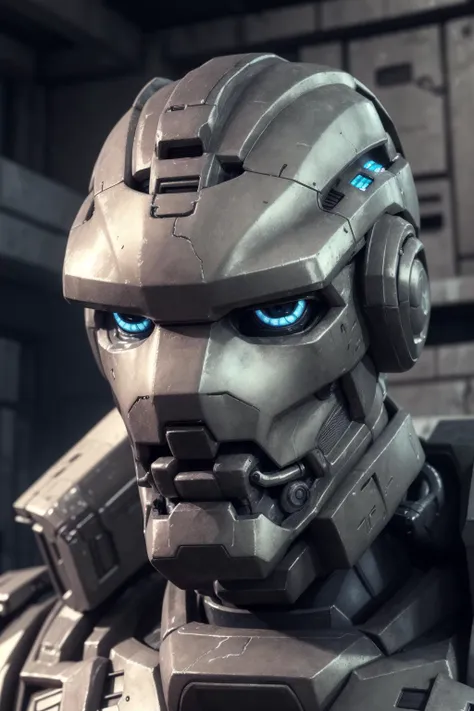 a close up of a robot with blue eyes and a helmet