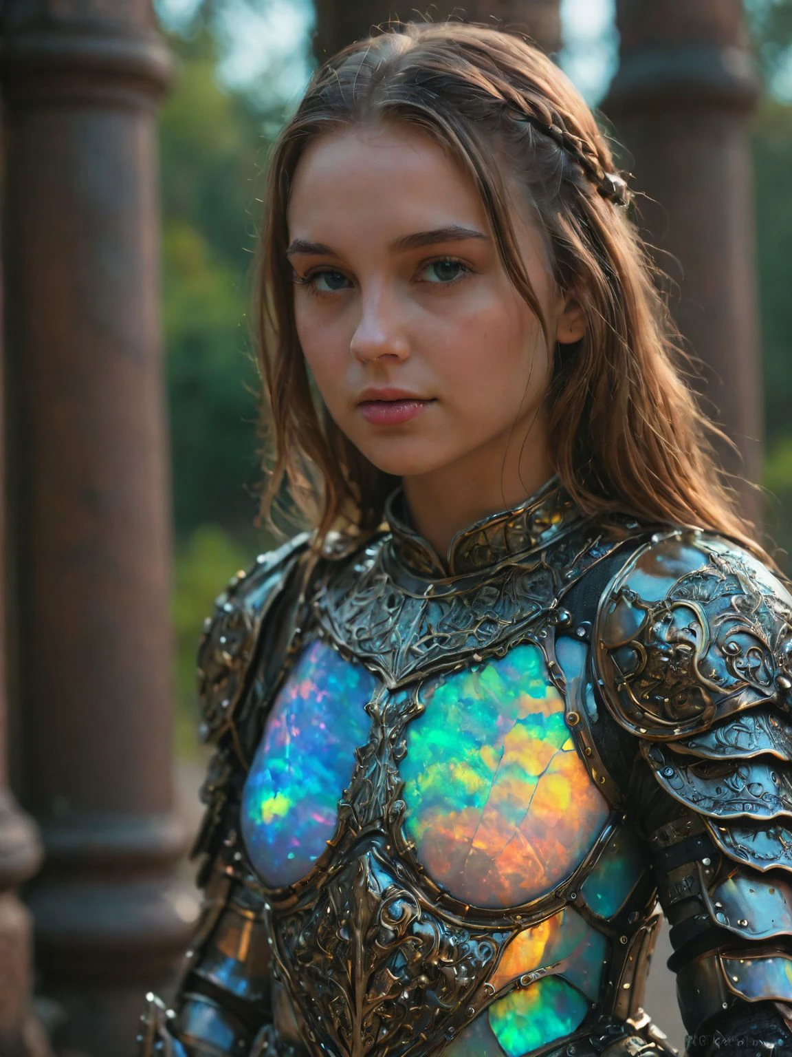 movie still  of cute of a beautiful knight in opal filigree armor, ultra detail, 18 yo supermodel, CINEMATIC masterpiece, High budget, 8k, pro color graded, (film grain, bokeh:0.4)  