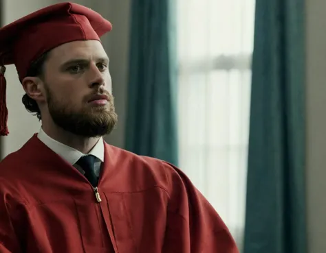 a close up of a man in a graduation gown and a red cap