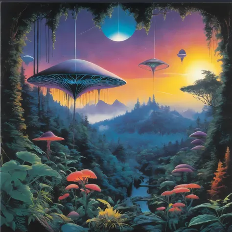 a vinyl album with, vinyl, record jacket, vinyl cover from 1988,  album cover art, top-rated, top - rated, 80s, album art, 

 
Alien garden, multicolored plants, glowing spores, strange geometric patterns, Forest canopy, hanging bridges, misty air, glowing bird-like creatures 