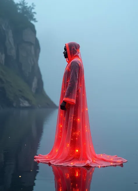 a figure stands gazing left, cloaked in a translucent, glowing red robe, with brilliant glitch and noise effect on cloak. the se...