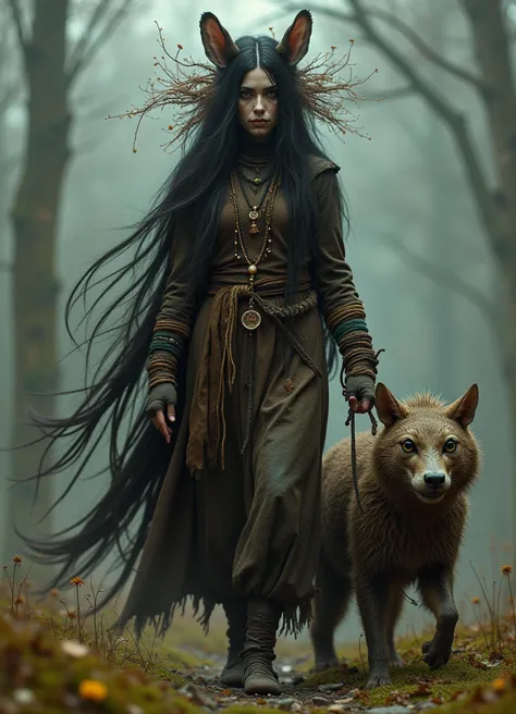 a shaman woman accompanying a strange animal, 
art by Caras Ionut, Ghoulish Gary Pullin.