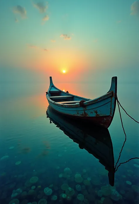 grunge style a beautiful boat, in a lagoon, art by david mould, brooke shaden, ingrid baars, mordecai ardon, josh adamski, chris...