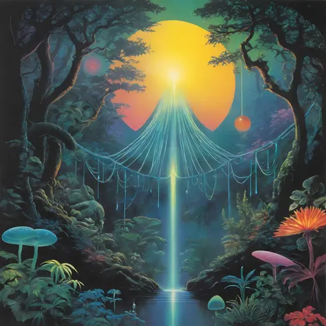 a vinyl album with, vinyl, record jacket, vinyl cover from 1988,  album cover art, top-rated, top - rated, 80s, album art, 

 
Alien garden, multicolored plants, glowing spores, strange geometric patterns, Forest canopy, hanging bridges, misty air, glowing bird-like creatures 