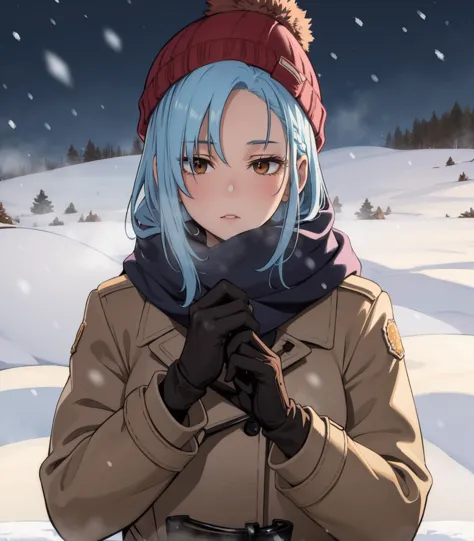 anime girl in winter coat standing in snow covered field