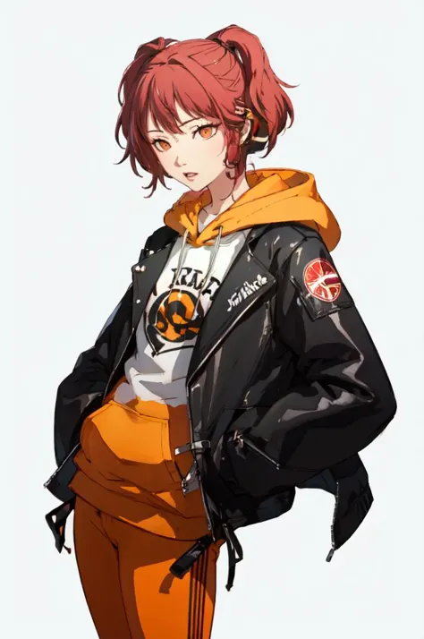 <lora:Persona4StyleV2:0.75> solo, portrait, transparent background, (white background),, absurdres, ultra detailed, masterpiece, best quality, aesthetic, detailed,, solo, 1girl, red hair, orange eyes, amber eyes, swept bangs, parted bangs, <lora:LowTwintailsHelper:1> low twintails,
short hair, medium hair, small breasts, <lora:Tsurime3:1>, (tsurime:1.2),, leggings, leather jacket, long shirt, combat boots, hoodie,