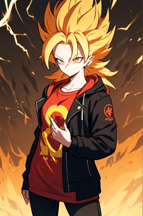 Super Saiyajin, Blondes Haar, Super Saiyajin, stachelige Haare, Aura, Elektrizität, lange Haare, absurdesten, ultra ausführlich, Meisterwerk, beste Qualität, ästhetisch, ausführlich,, Allein, 1 Mädchen, Rote Haare, orangefarbene Augen, bernsteinfarbenen Augen, gefegter Pony, geteilter Pony, Niedrige Twintails,
Kurzes Haar, Mittellanges Haar, kleine Brüste, (Tsurime:1.2),, Gamaschen, Lederjacke, langes Hemd, Kampfstiefel, hoodie,