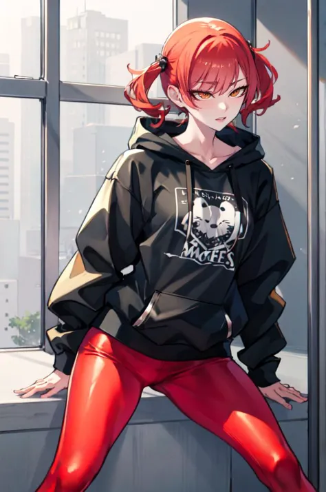 a woman in a black hoodie and red pants leaning against a window