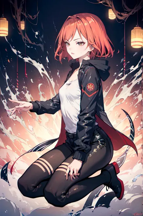 absurdres, ultra detailed, masterpiece, best quality, aesthetic, detailed,, solo, 1girl, red hair, orange eyes, amber eyes, swept bangs, parted bangs, low twintails,
short hair, medium hair, small breasts, (tsurime:1.2),, leggings, leather jacket, long shirt, combat boots, hoodie,