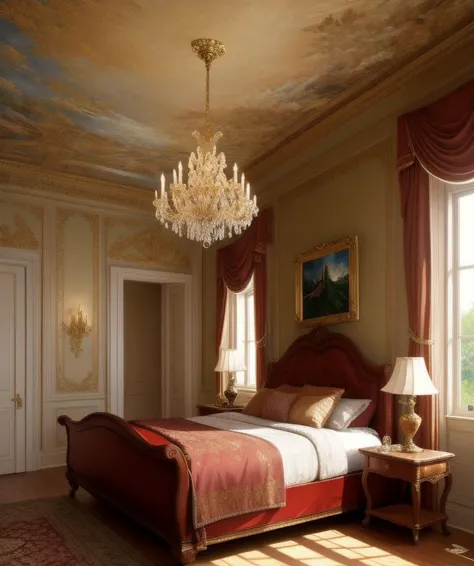 there is a bed in a room with a chandelier and a table