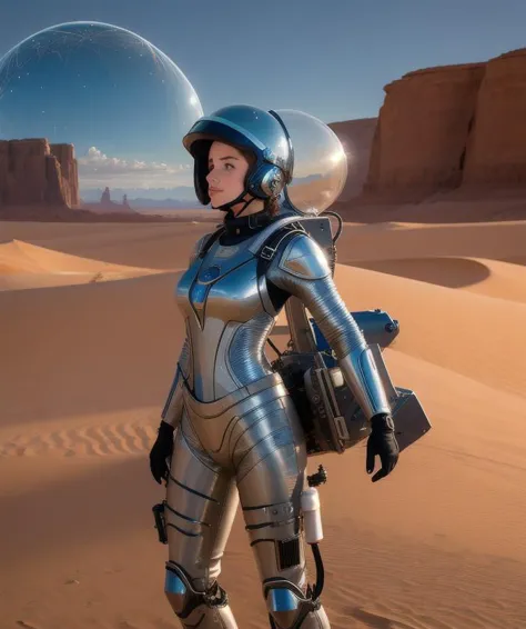 woman girl, in a polished aluminum suit desert moon landscape jetpack glass dome helmet clockwork (masterpiece:1.5) (painting:1.1) (best quality) (detailed) (intricate) (8k) (HDR) (wallpaper) (cinematic lighting) (sharp focus)