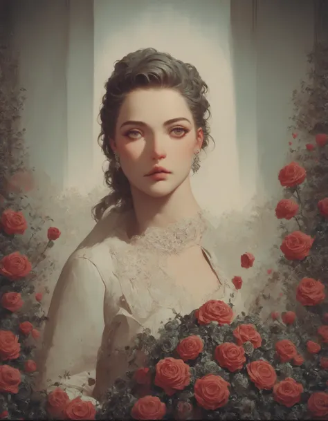 a painting of a woman in a white dress surrounded by roses