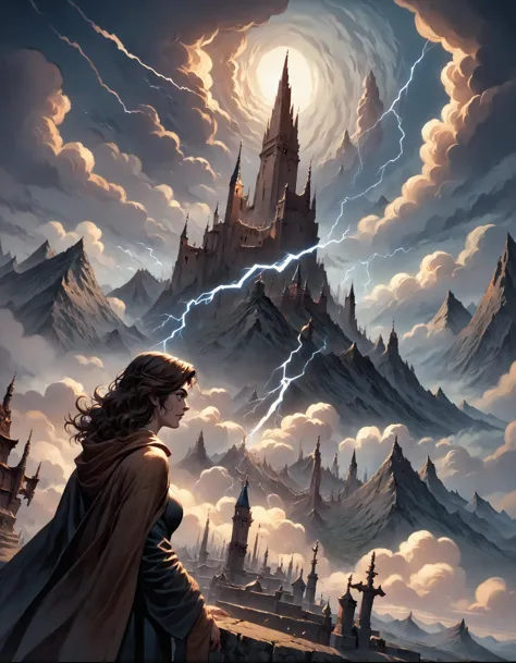 a woman standing in front of a castle with a lightning bolt