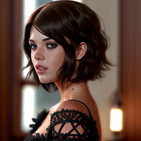 a stunning diddylicious, analog style, short brown bob, ((freckles on face)), short hair, ((intricate details)), full torso shot,  beautiful, delicate black lace dress, dynamic pose, windblown hair, perfect face, intricate, complex, Helios 44-2, swirly bokeh, trending on artstation, sharp focus, studio photo, intricate details, highly detailed, sharp, (oil on canvas), perfect lighting, Masterpiece, detailed background, portrait by artgerm and greg rutkowski, cinematic lighting, 8k