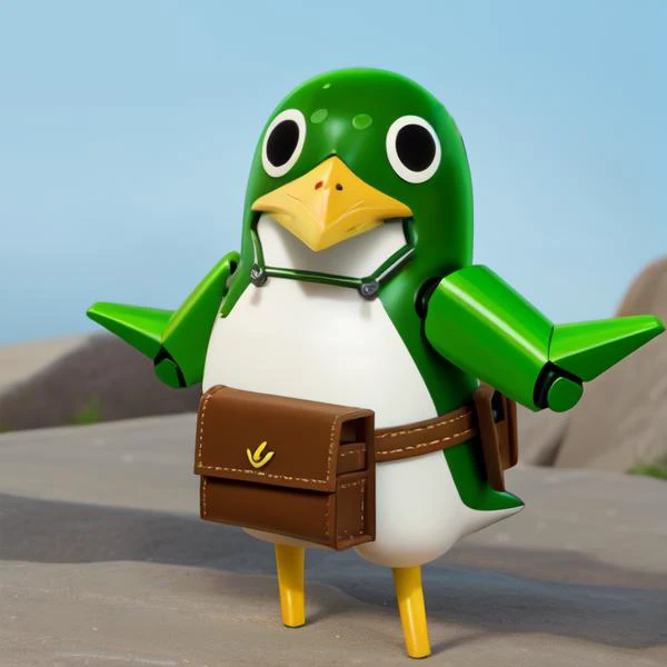 prinny, (pouch:1.2), robotic green penguin, (green skin:1.3), robotic joints, (scowling eyes:0.6), (expressionless:0.6)
