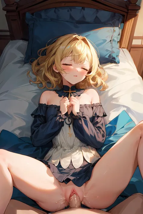 (masterpiece,best quality:1.5), 1girl, blonde short hair, wavy hair, white negligee, <lora:negligee:0.6> , sleeping,  lying , missionarypose, 1boy, penis, , missionary, vaginal,  <lora:POVMissionary:0.7>  <lora:add_detail:1>