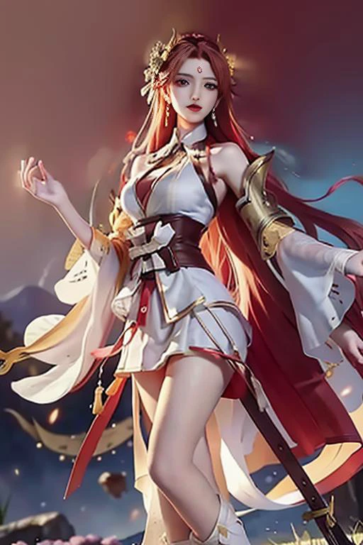 A woman in a white dress and red hair holding a sword - SeaArt AI