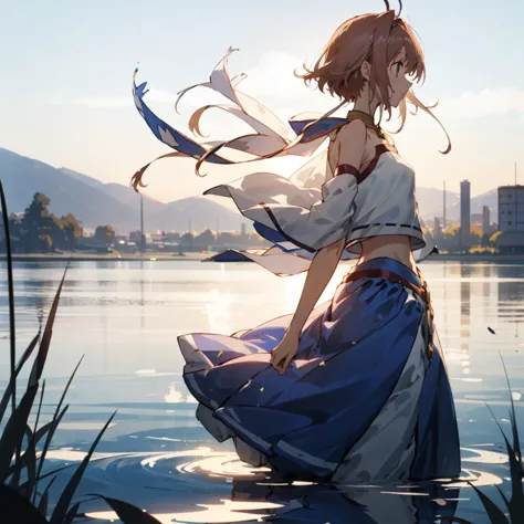 princess_sakura, <lora:Princess_Sakura:.85>, long skirt, blue skirt, tube top, transparent fabric, navel, outdoors, lake, soft light, daylight, from side