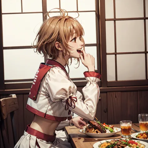 anime girl in uniform eating a meal at a table