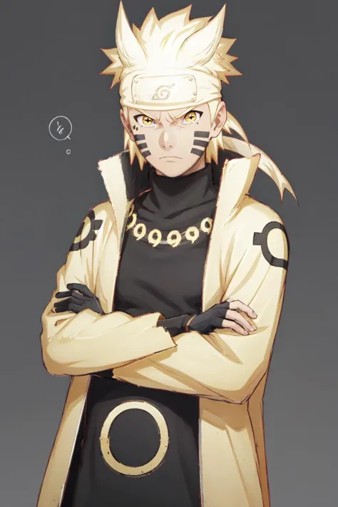 <lora:Naruto_SixPaths:0.9>, Naruto, 1boy, black bodysuit, tomoe \(symbol\), yellow eyes, symbol-shape pupils, gold hair, headband, golden jacket, facial mark, high collar, upper body, simple background, angry, looking at viewer fingerless gloves, crossed arms