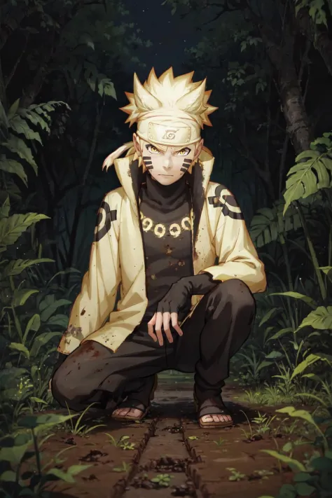 <lora:Naruto_SixPaths:0.95>, Naruto, 1boy, black bodysuit, tomoe \(symbol\), yellow eyes, symbol-shape pupils, gold hair, headba...