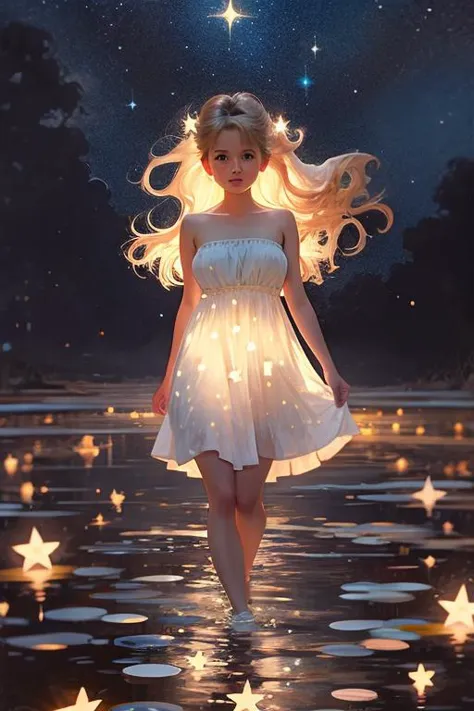 front view illustration portrait, cute kawaii woman standing in a pond at dusk, skinny, blonde ponytail, oversized hair bow, str...